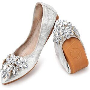 Kosseco Flat Shoes Women Silver Rubber Shiny Rhinestone Comfort  Slip-On Shoes